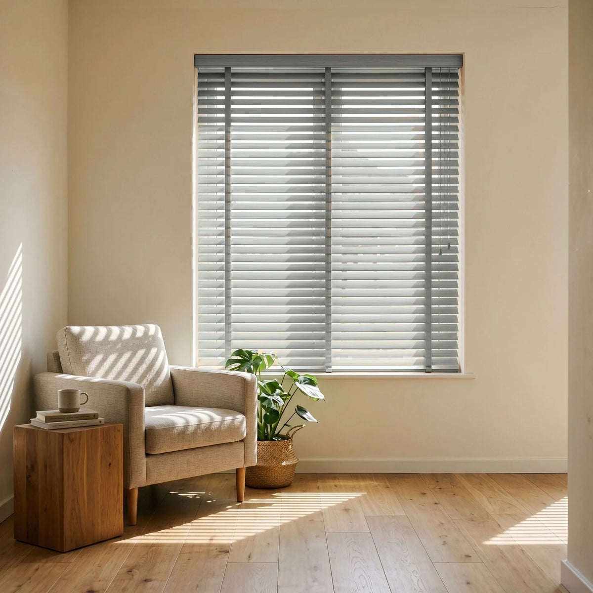 Custom Faux Wood Blinds - Misty Grey in Modern Living