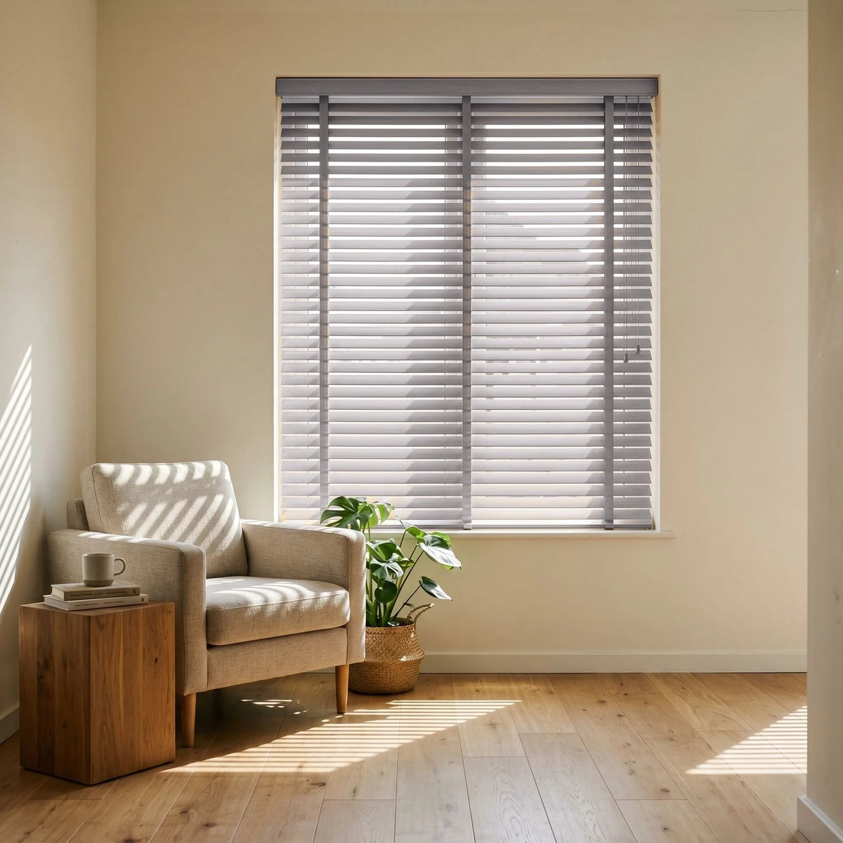 Custom Faux Wood Blinds - Pearl Grey in Modern Living