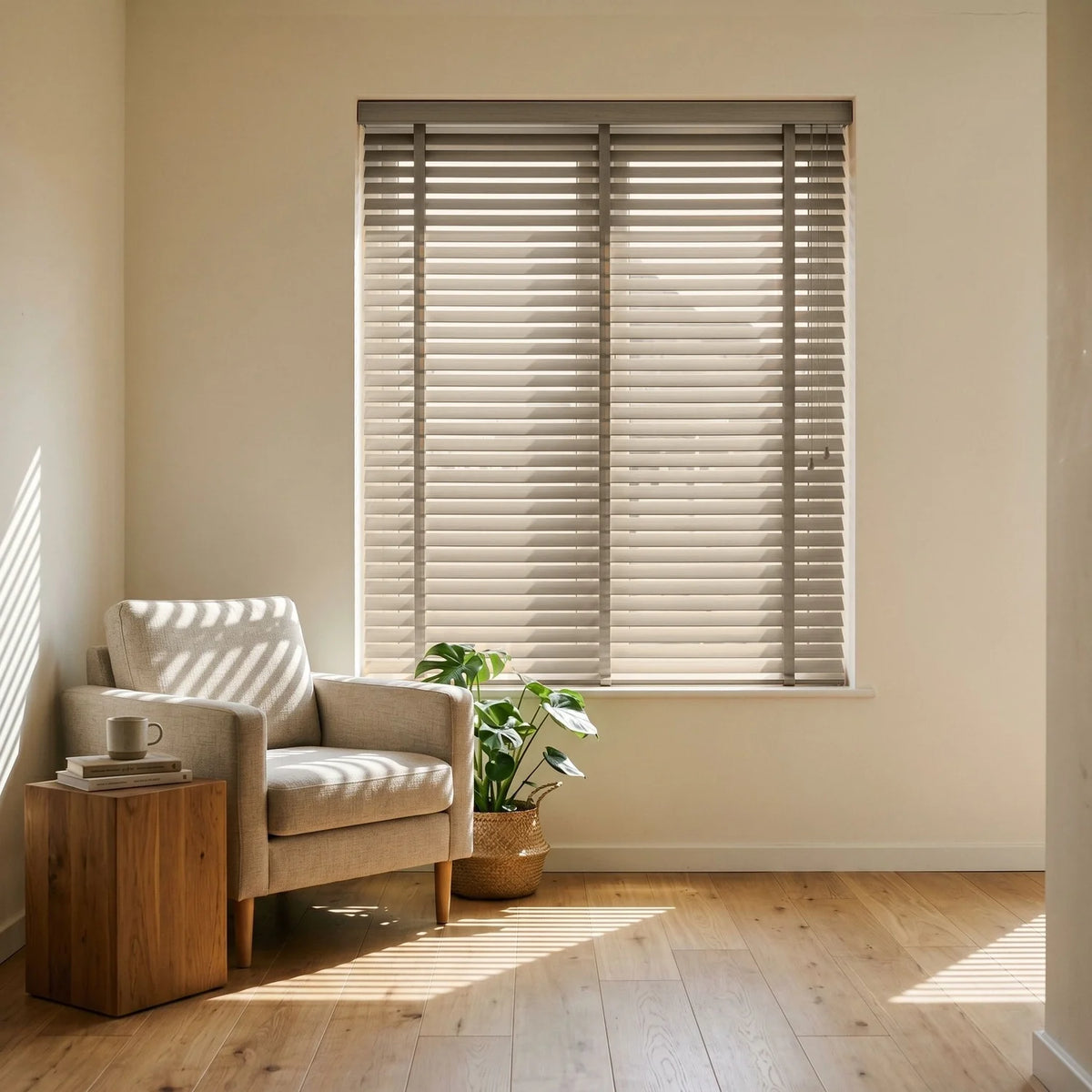 Custom Faux Wood Blinds - Greige Stone in Modern Living
