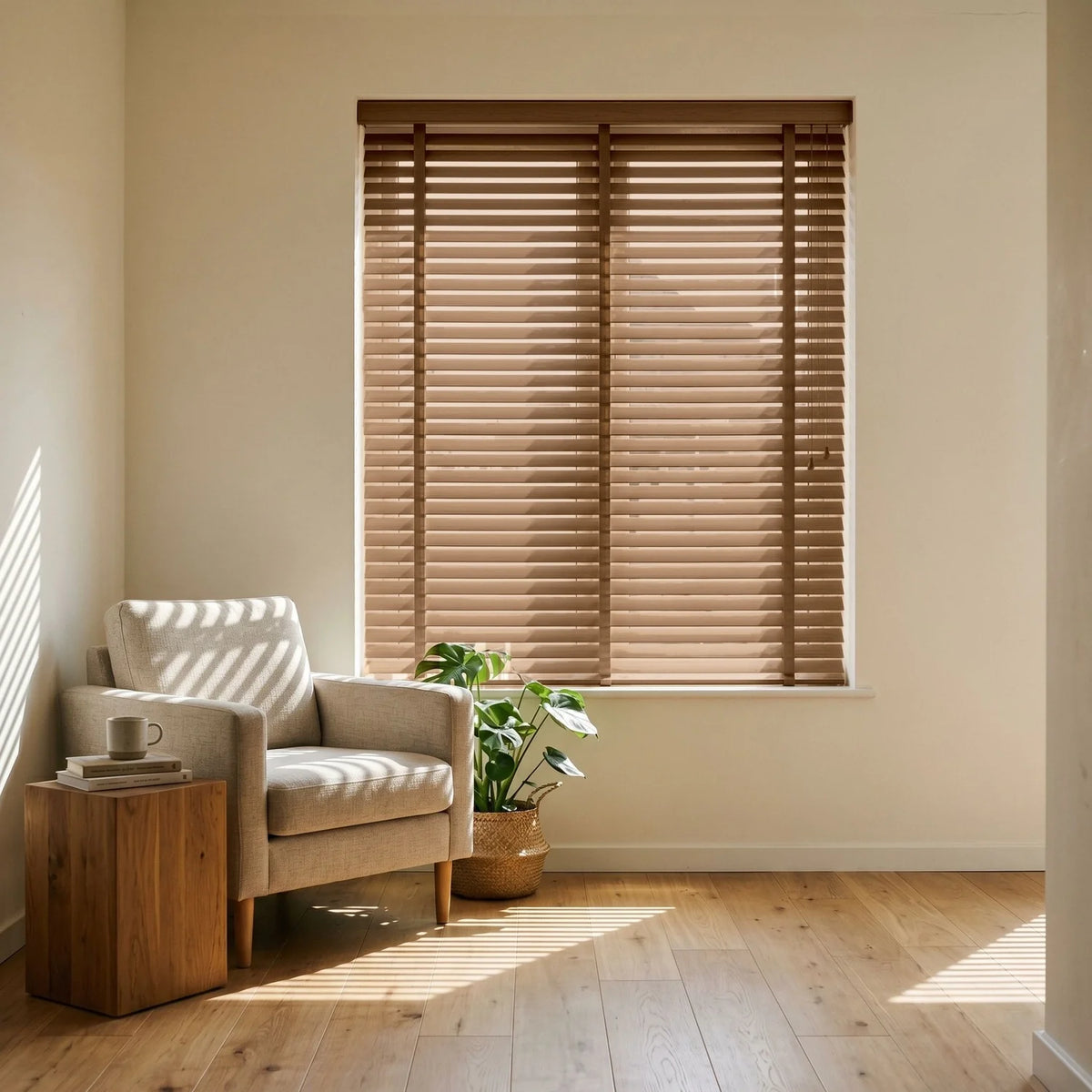 Custom Faux Wood Blinds - Hazelnut in Modern Living