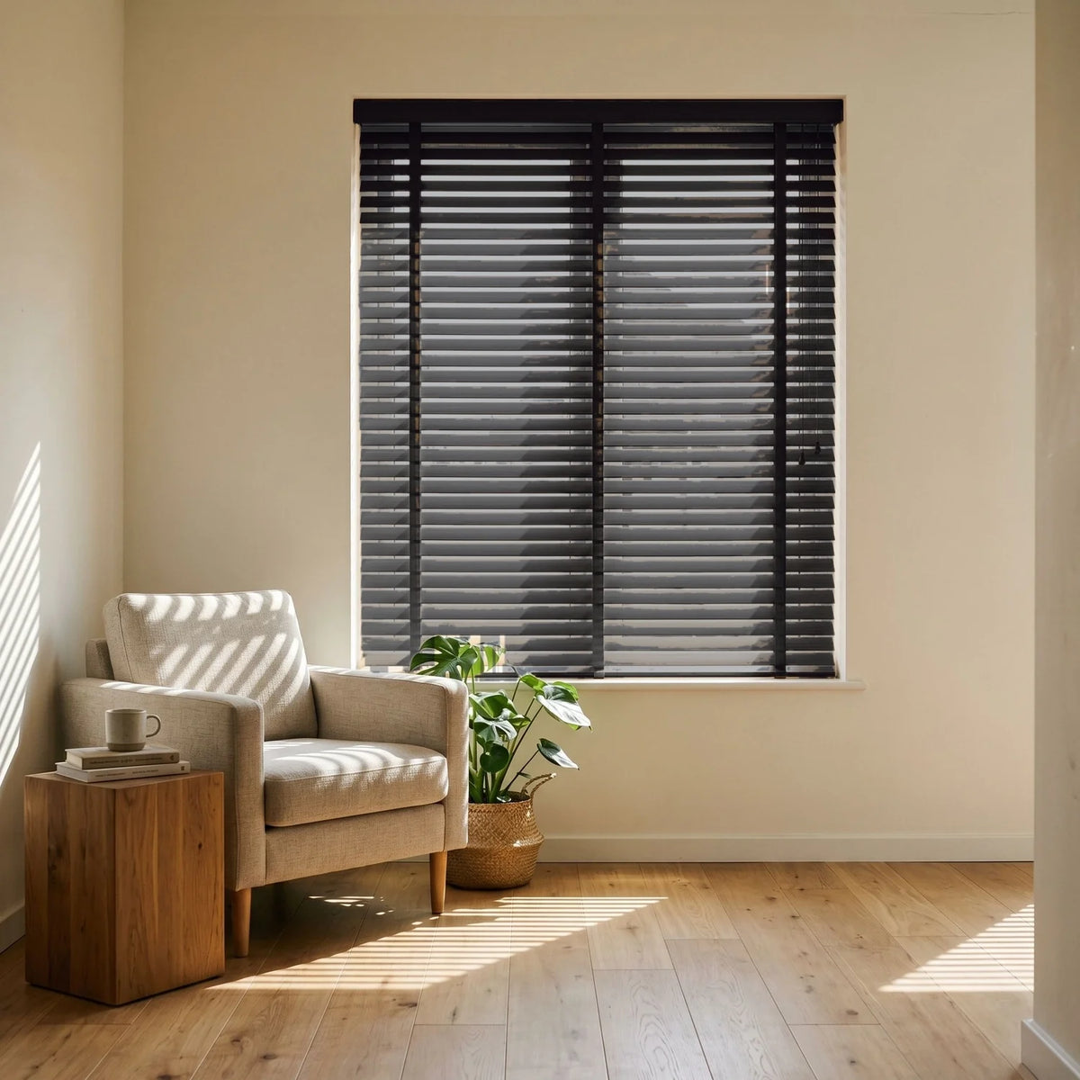 Custom Faux Wood Blinds - Slate in Modern Living