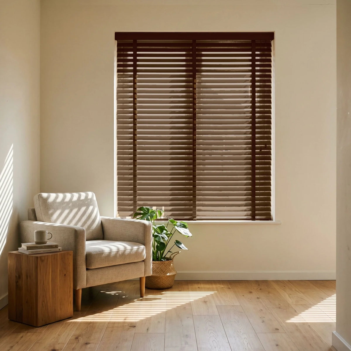 Custom Faux Wood Blinds - Dark Walnut in Modern Living
