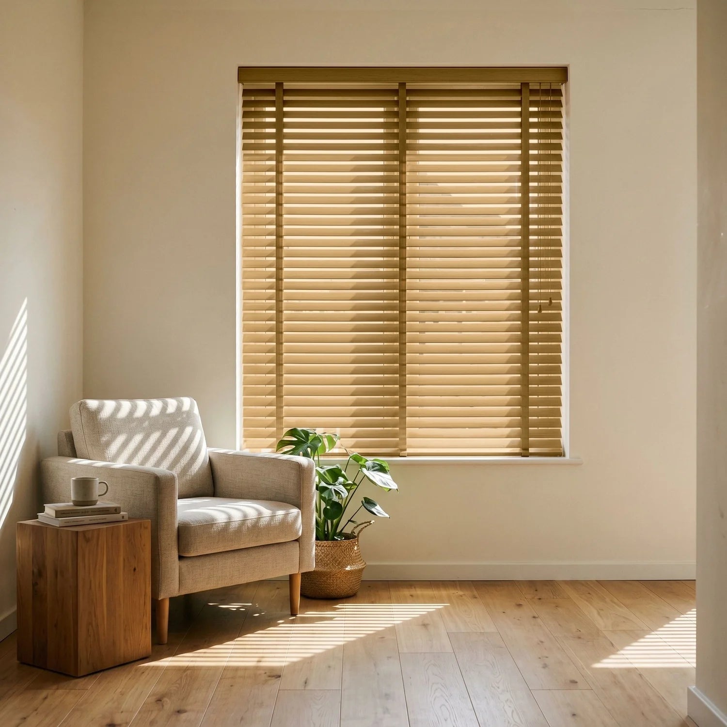 Custom Faux Wood Blinds - Honey Oak in Modern Living
