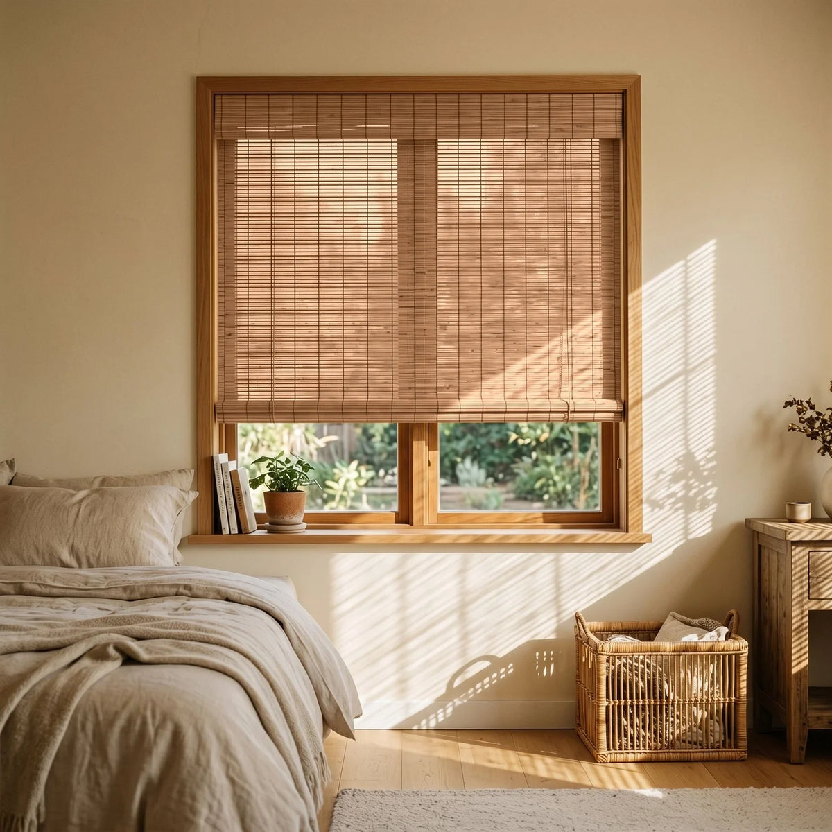 Custom Bamboo Blinds - Natural Bamboo in Rustic Bedroom
