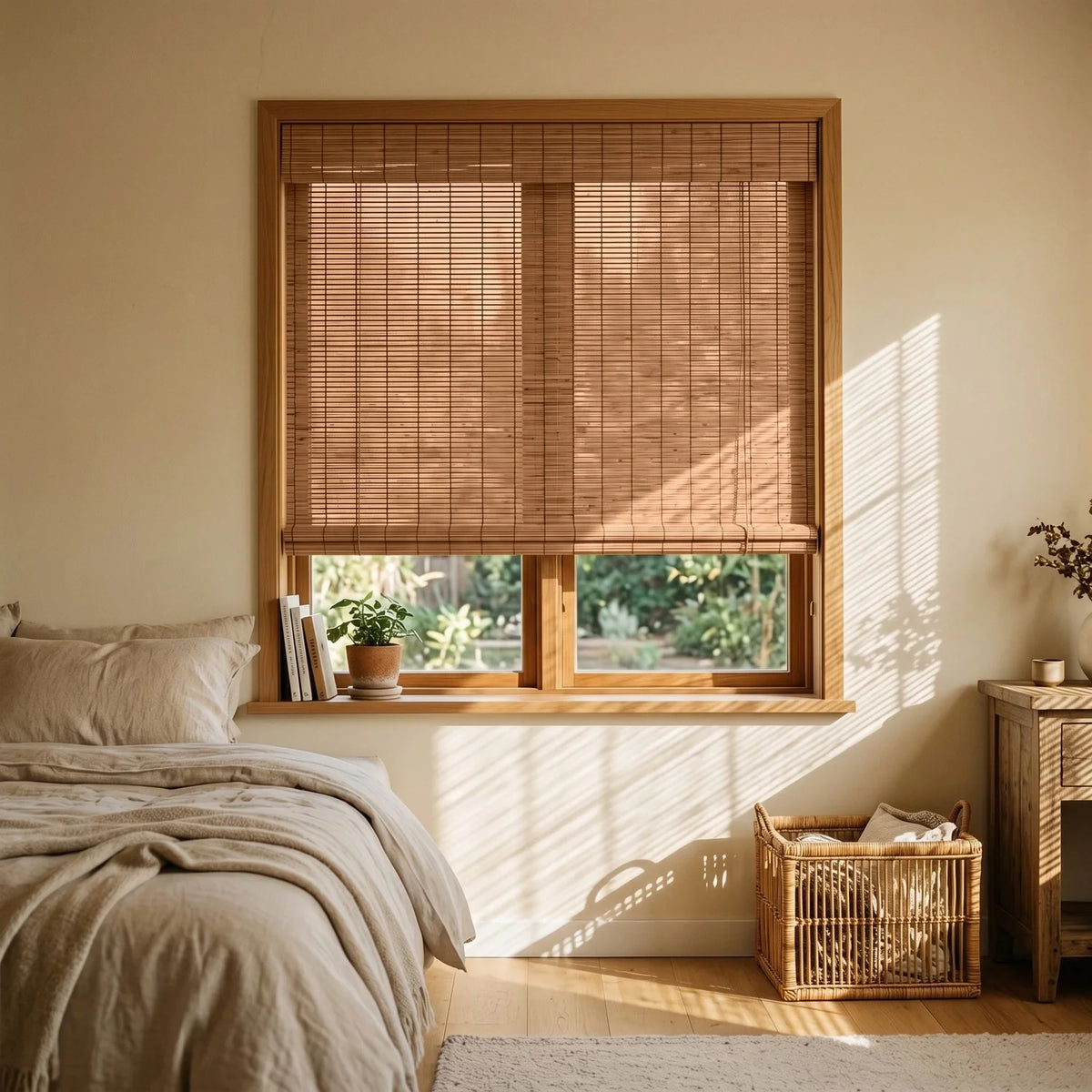 Custom Bamboo Blinds - Cinnamon Reed in Rustic Bedroom