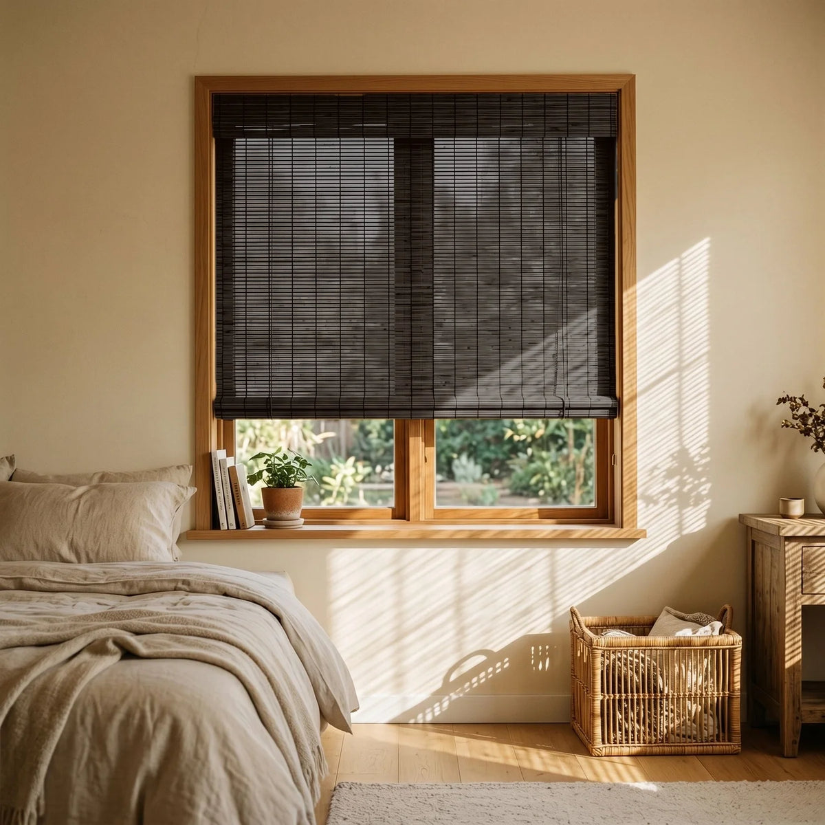 Custom Bamboo Blinds - Espresso Black in Rustic Bedroom