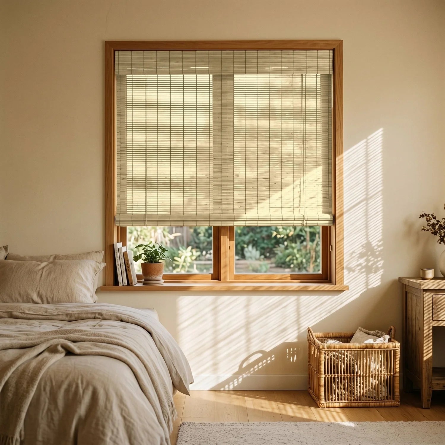 Custom Bamboo Blinds - Sand Beige in Rustic Bedroom