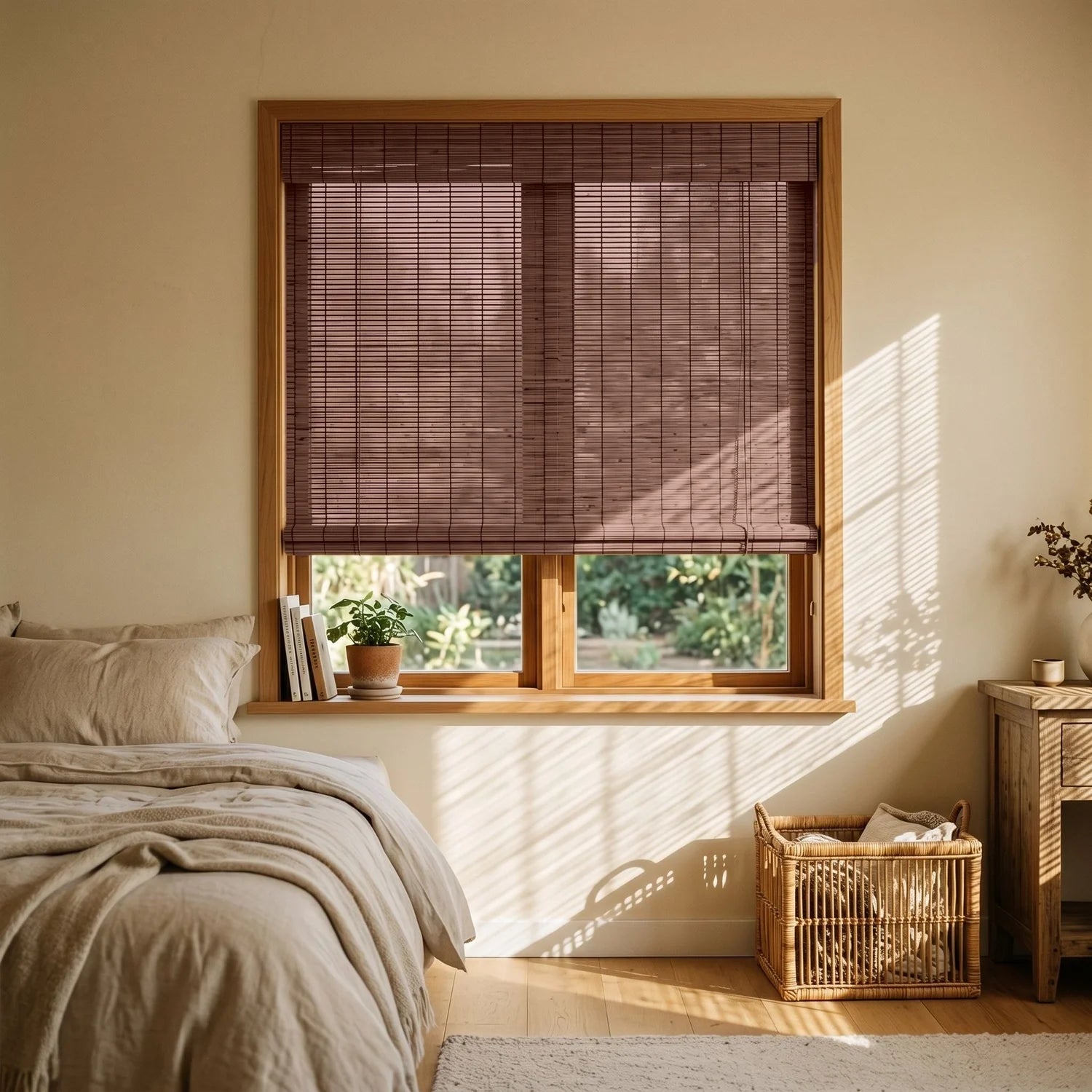 Custom Bamboo Blinds - Coffee Brown in Rustic Bedroom