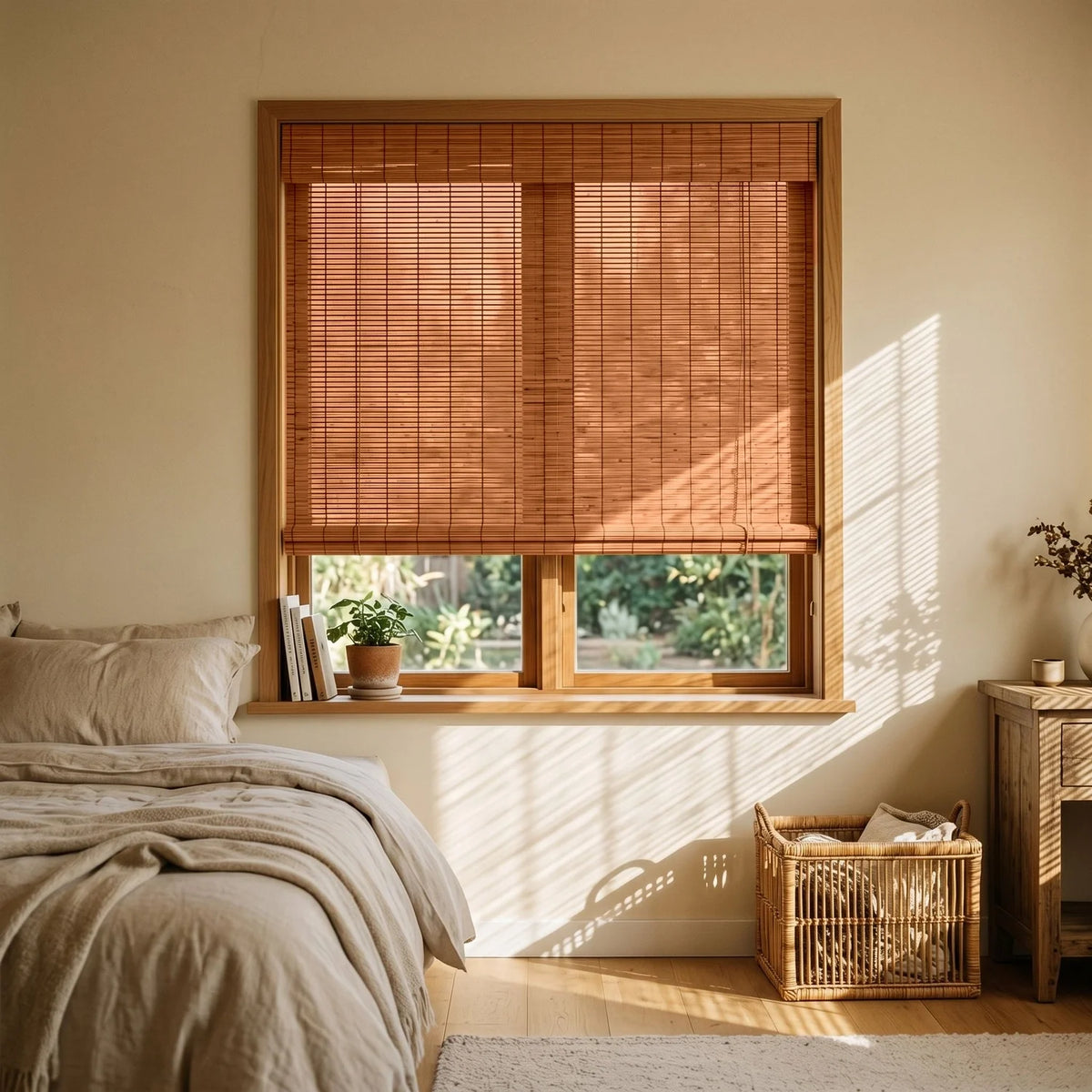 Custom Bamboo Blinds - Burnt Sienna in Rustic Bedroom