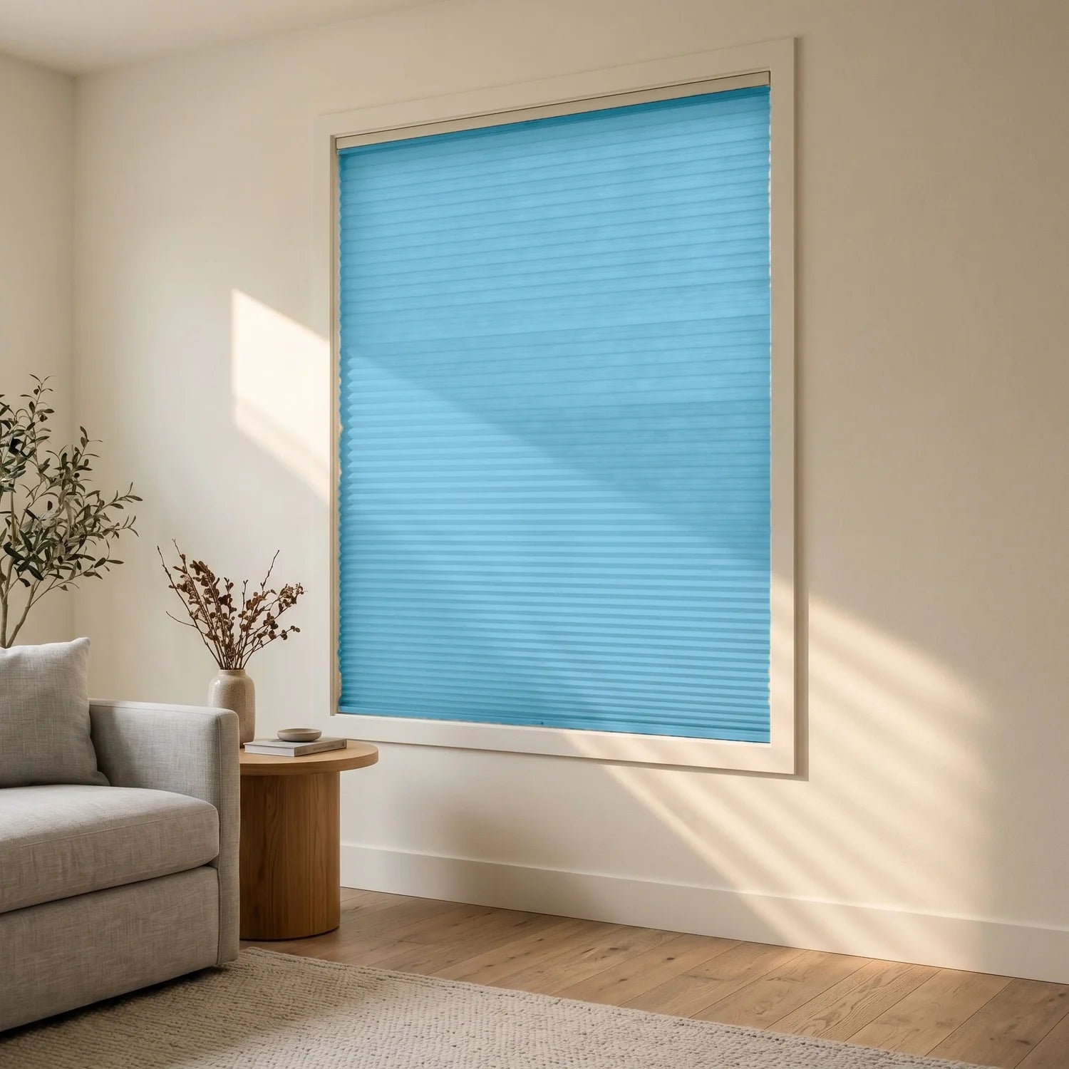 Custom Cellular Shades - Sky Blue in Modern Living