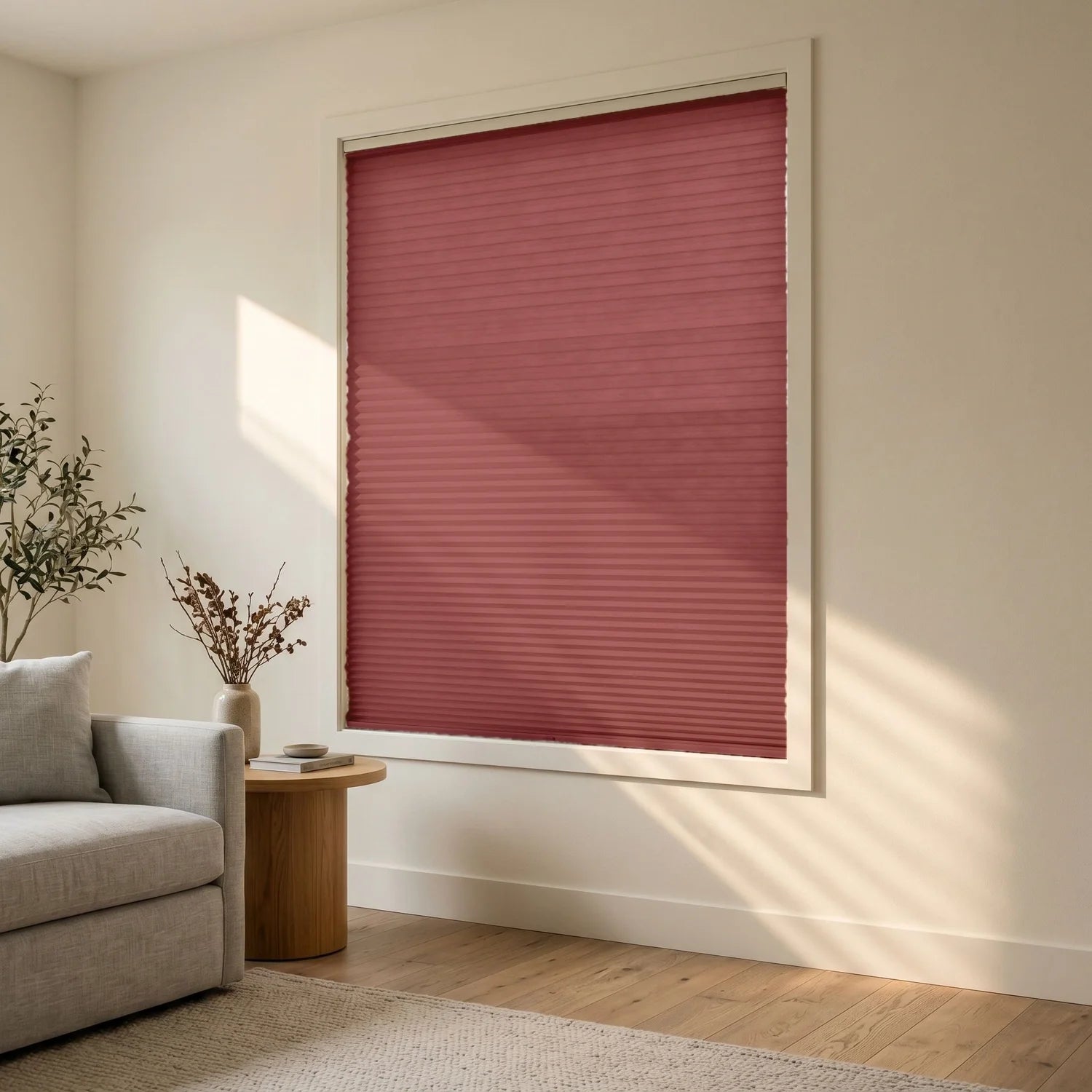 Custom Cellular Shades - Brick Red in Modern Living