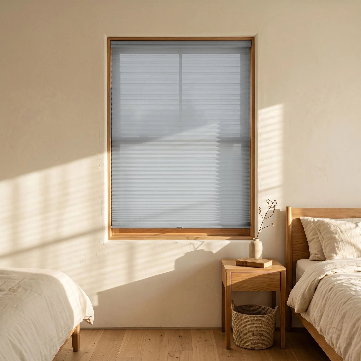 Custom Cellular Shades - Silver Grey in Luxe Bedroom