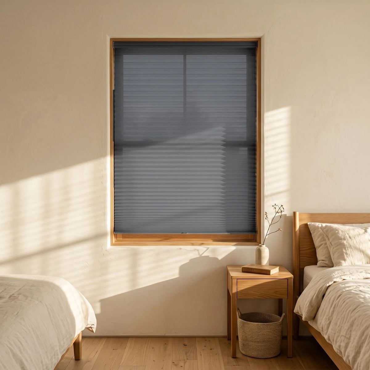 Custom Cellular Shades - Slate Grey in Luxe Bedroom