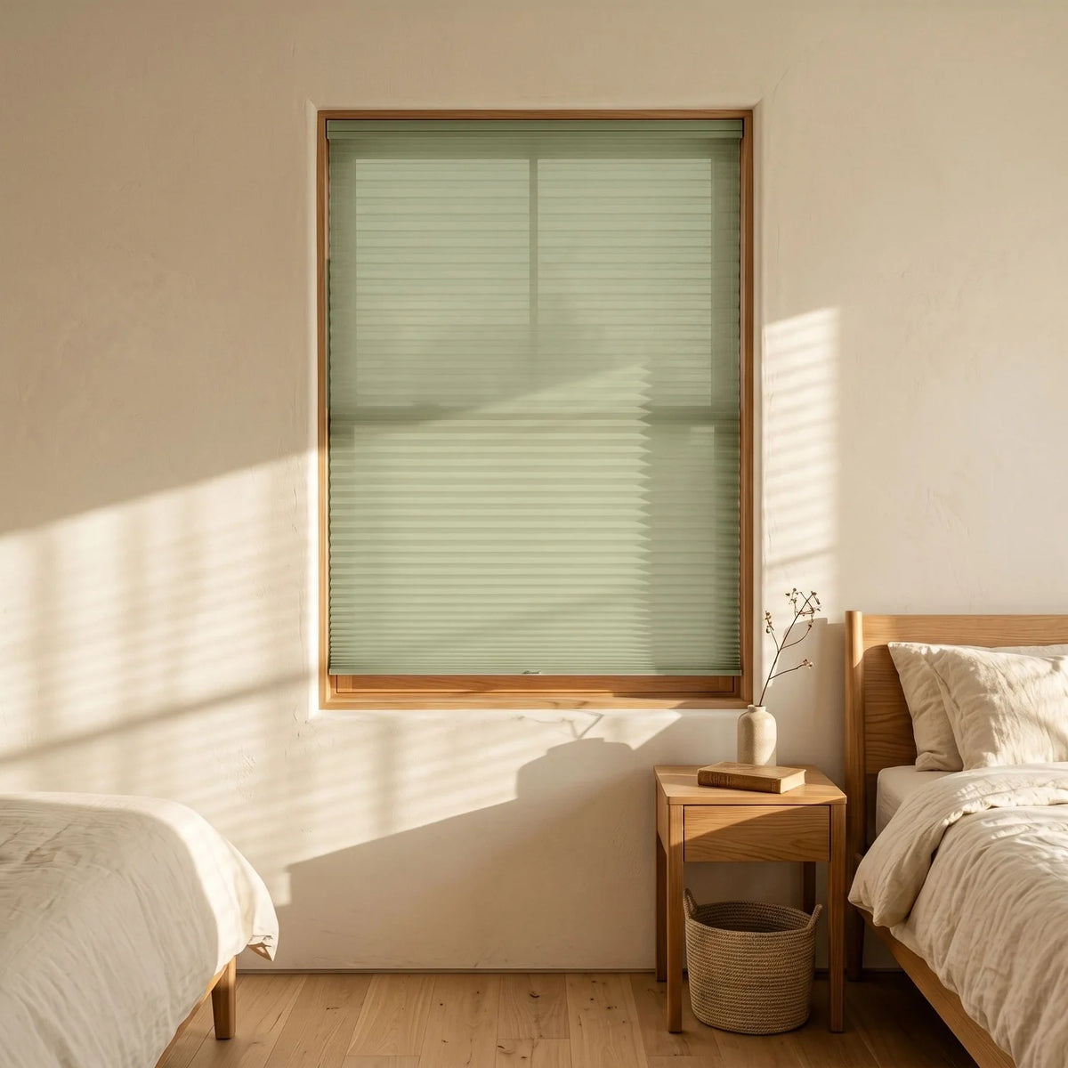 Custom Cellular Shades - Sage Green in Luxe Bedroom