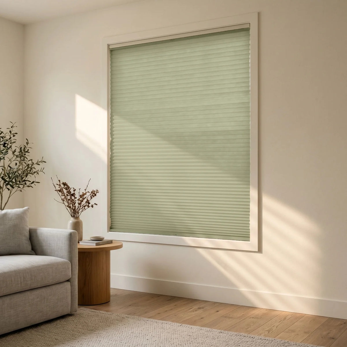Custom Cellular Shades - Sage Green in Modern Living