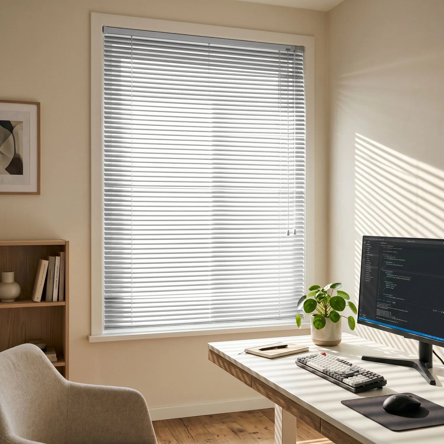 Custom Aluminum Blinds - Snow White in Home Office