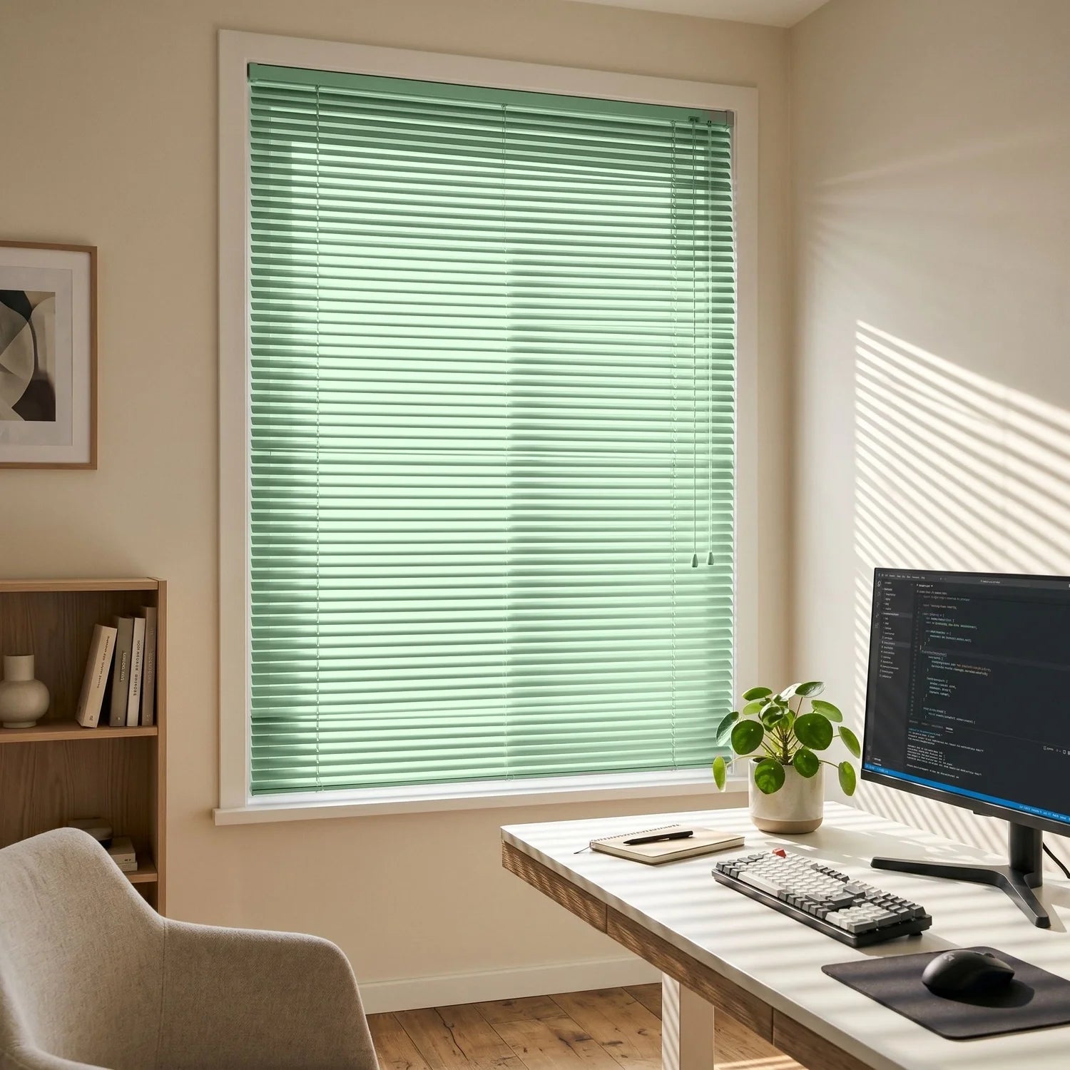 Custom Aluminum Blinds - Apple Green in Home Office