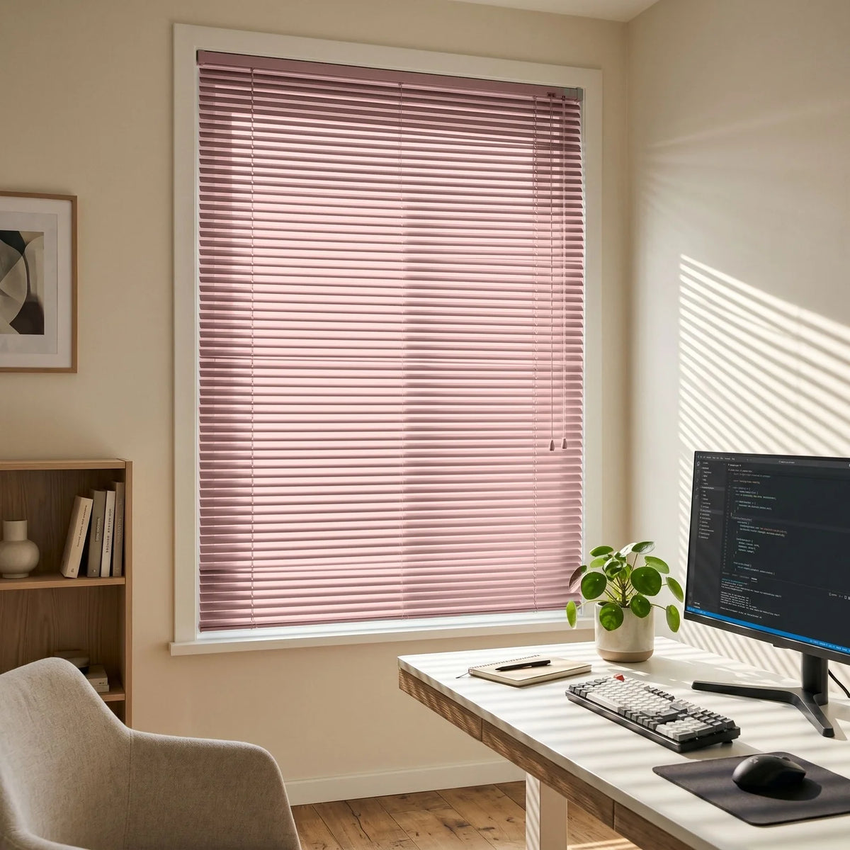 Custom Aluminum Blinds - Blush Pink in Home Office