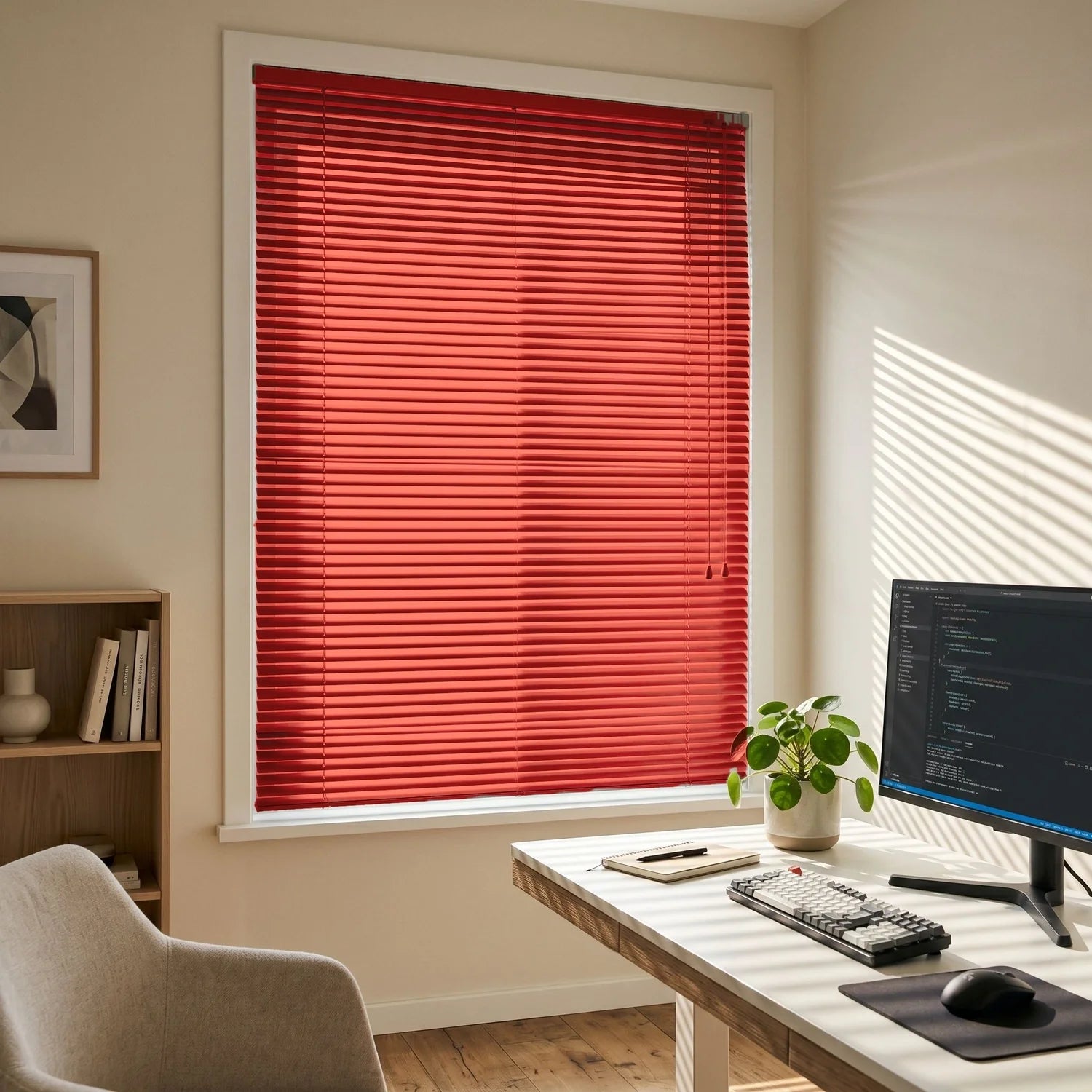 Custom Aluminum Blinds - Crimson Red in Home Office