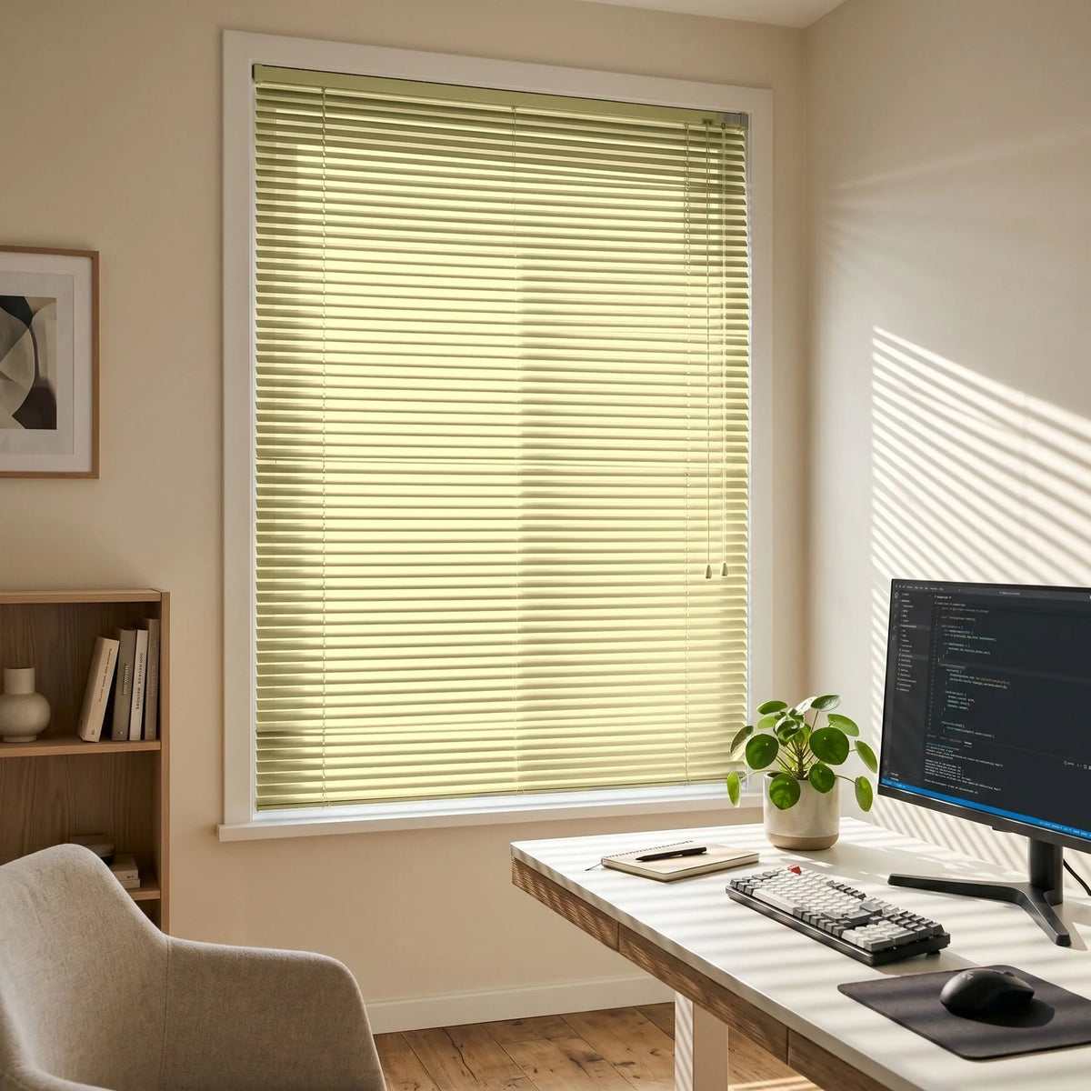 Custom Aluminum Blinds - Buttercream in Home Office