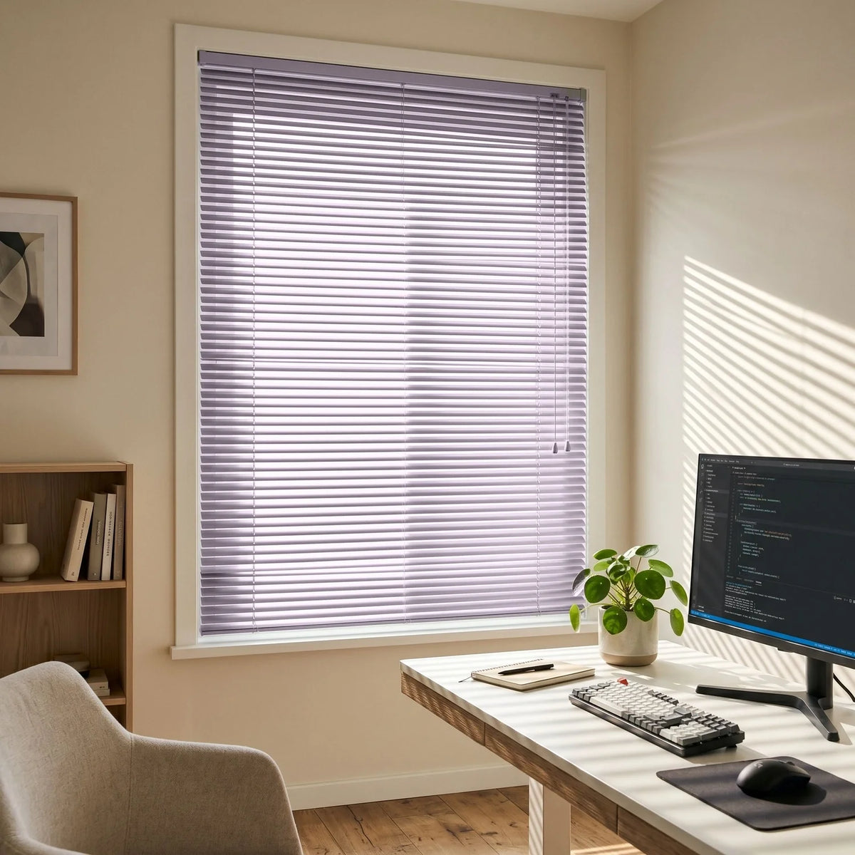 Custom Aluminum Blinds - Lavender in Home Office