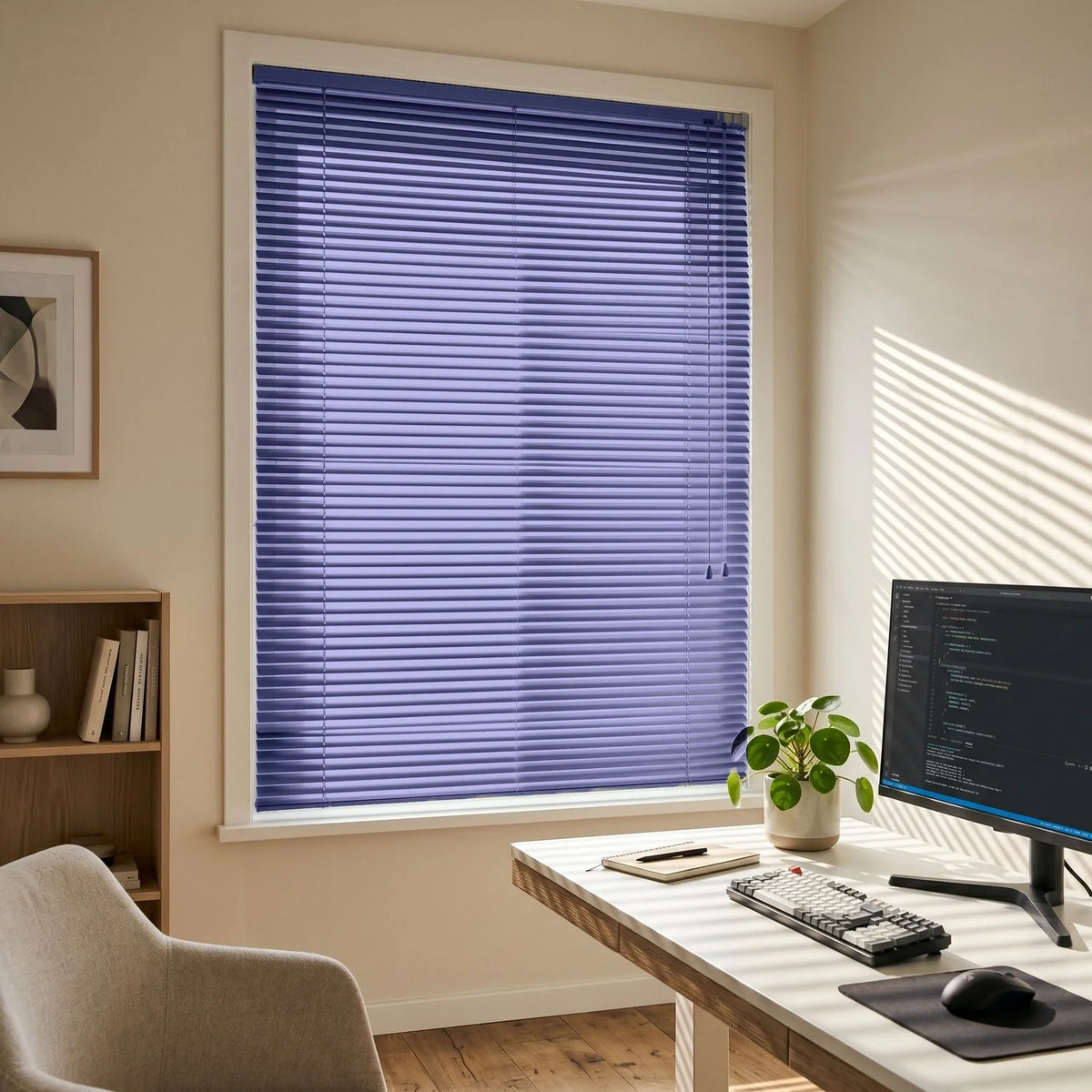 Custom Aluminum Blinds - Midnight Indigo in Home Office