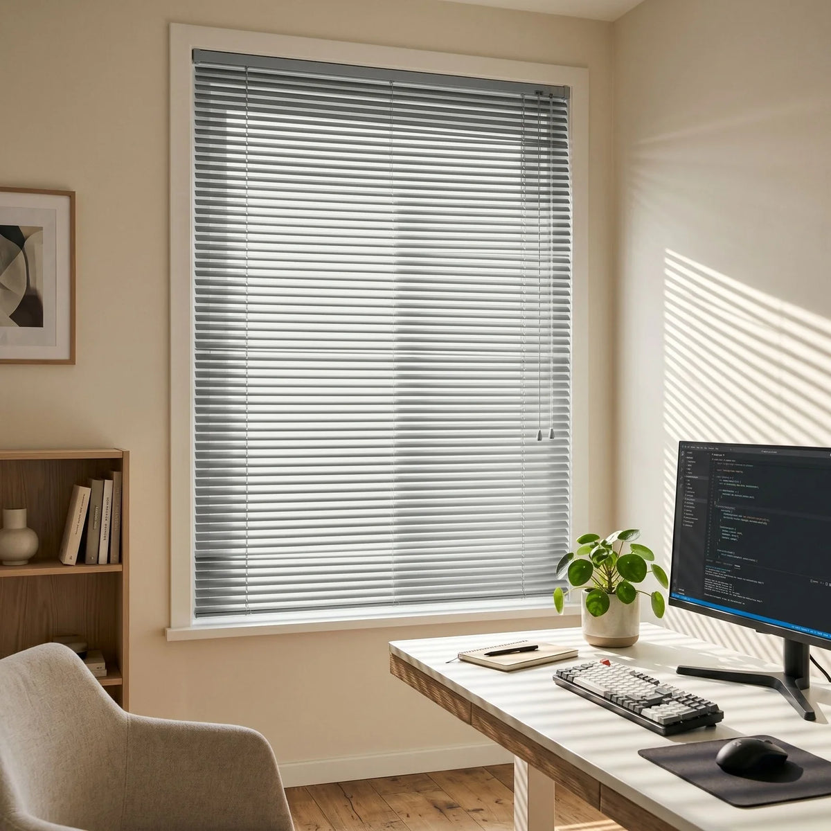 Custom Aluminum Blinds - Silver Drift in Home Office