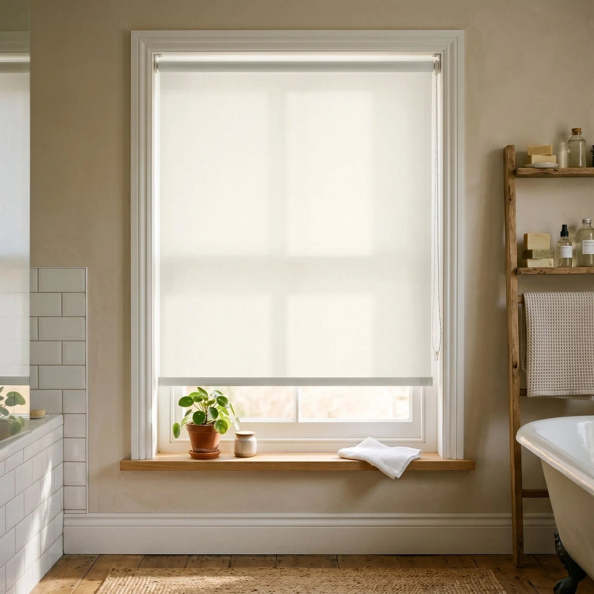 Custom Roller Shades - Cream White ¡¤ Light Filtering in Bright Bath