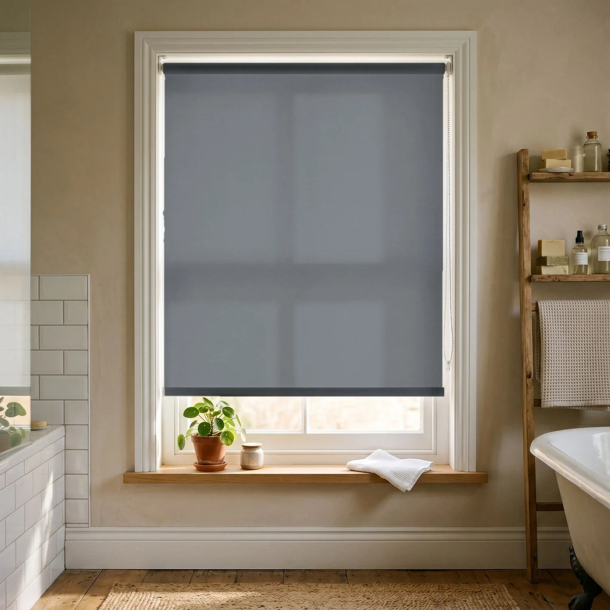 Custom Roller Shades - Mid Grey ¡¤ Light Filtering in Bright Bath