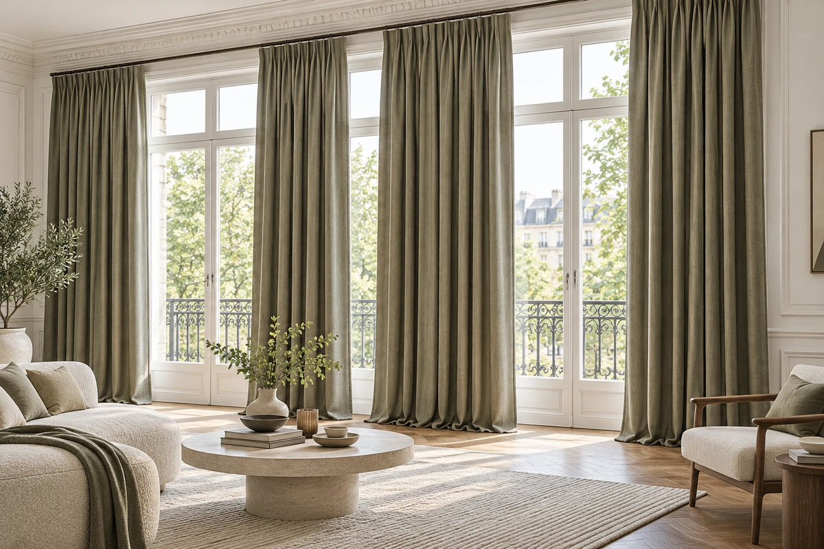 Custom blackout curtains showing panel width and fullness across wide windows