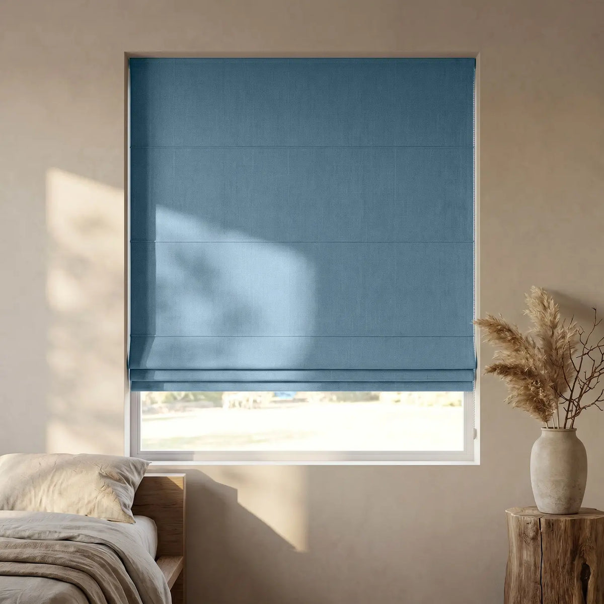 Custom Roman Shade - Dusty Blue in room