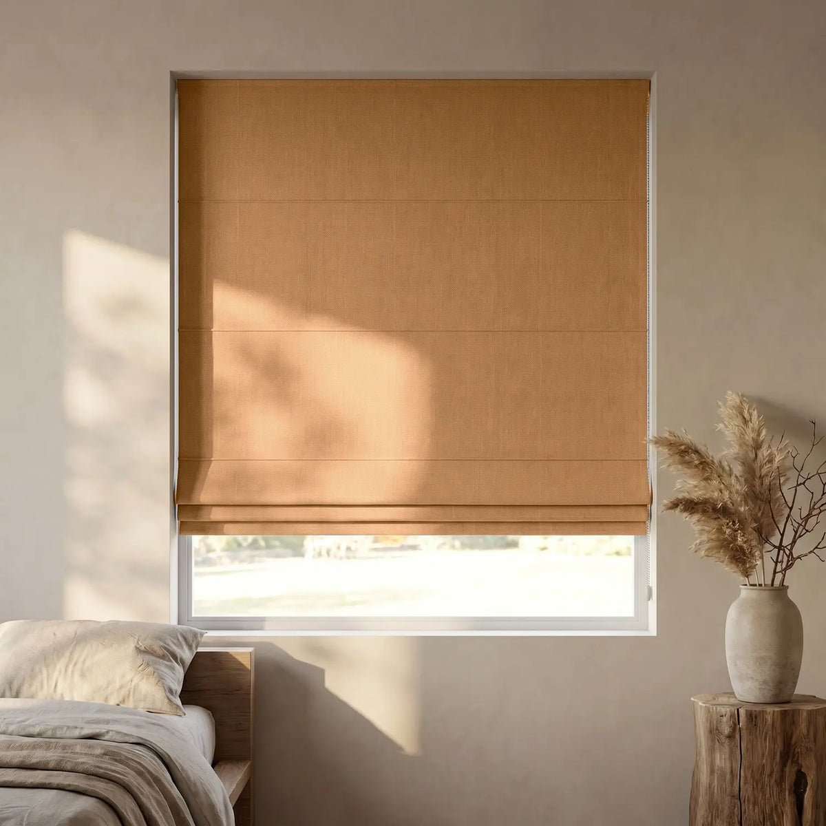 Custom Roman Shade - Clay Orange in room