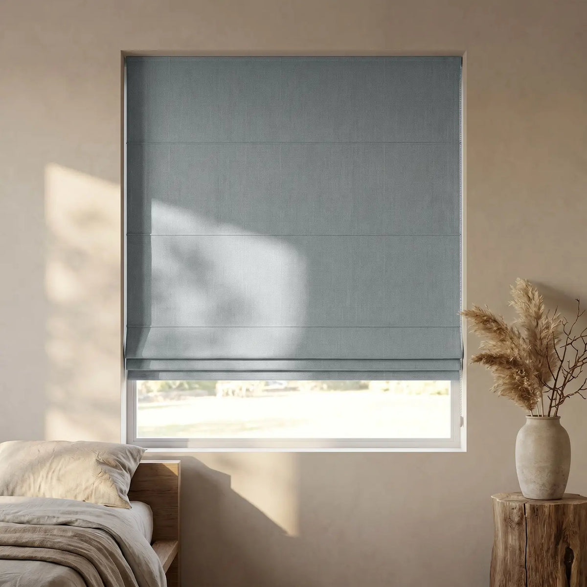 Custom Roman Shade - Mist Grey in room