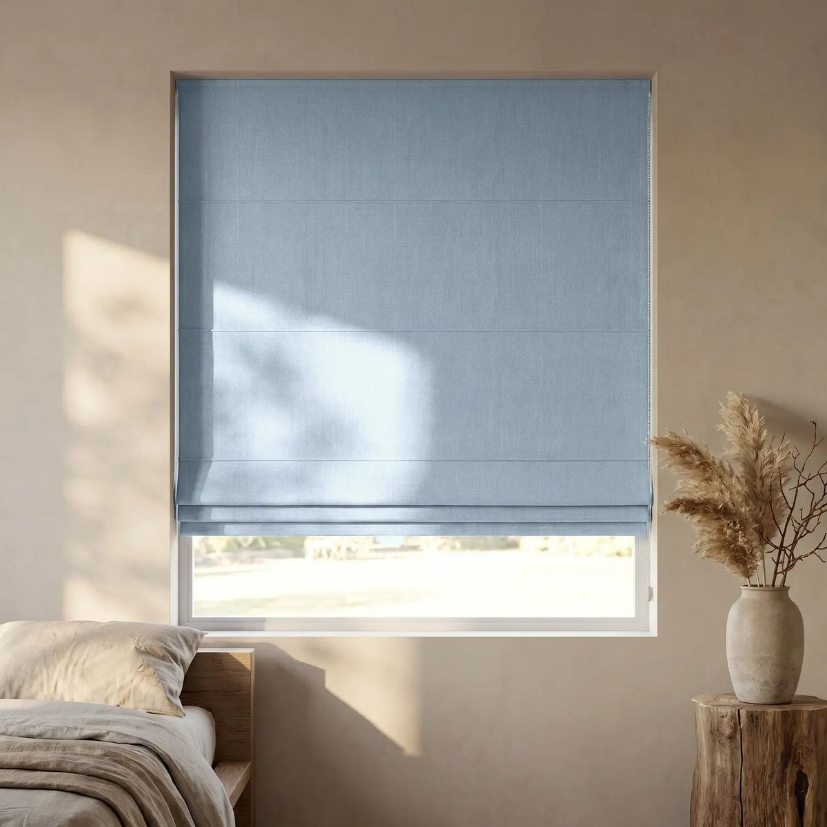 Custom Roman Shade - Powder Blue in room