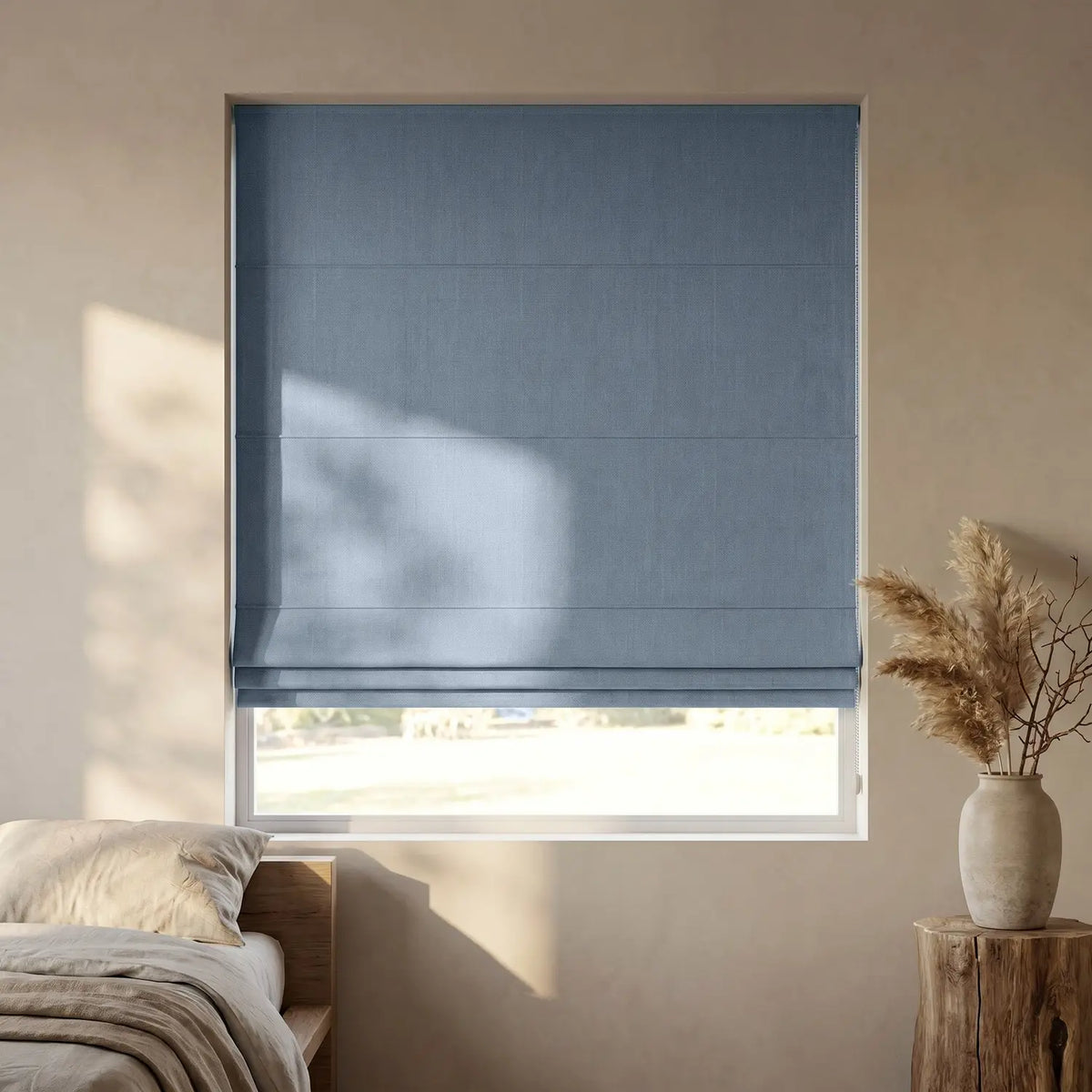 Custom Roman Shade - Sky Blue in room