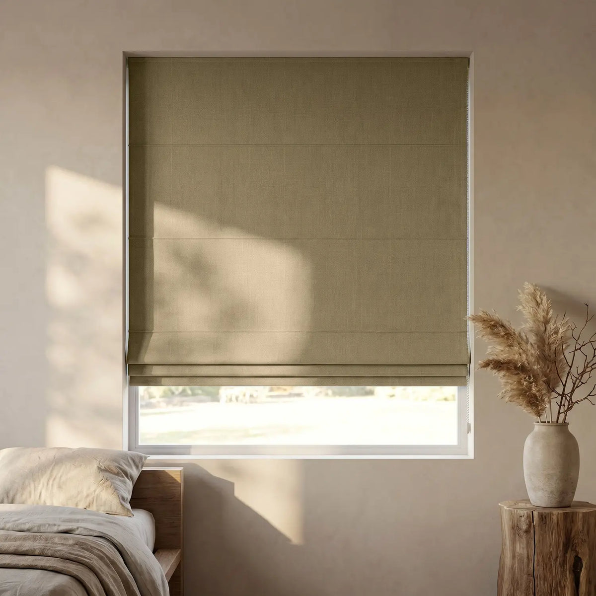 Custom Roman Shade - Caramel Brown in room