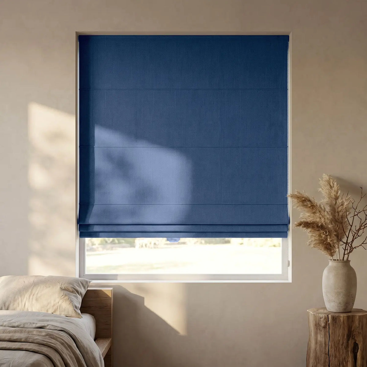 Custom Roman Shade - Denim Blue in room