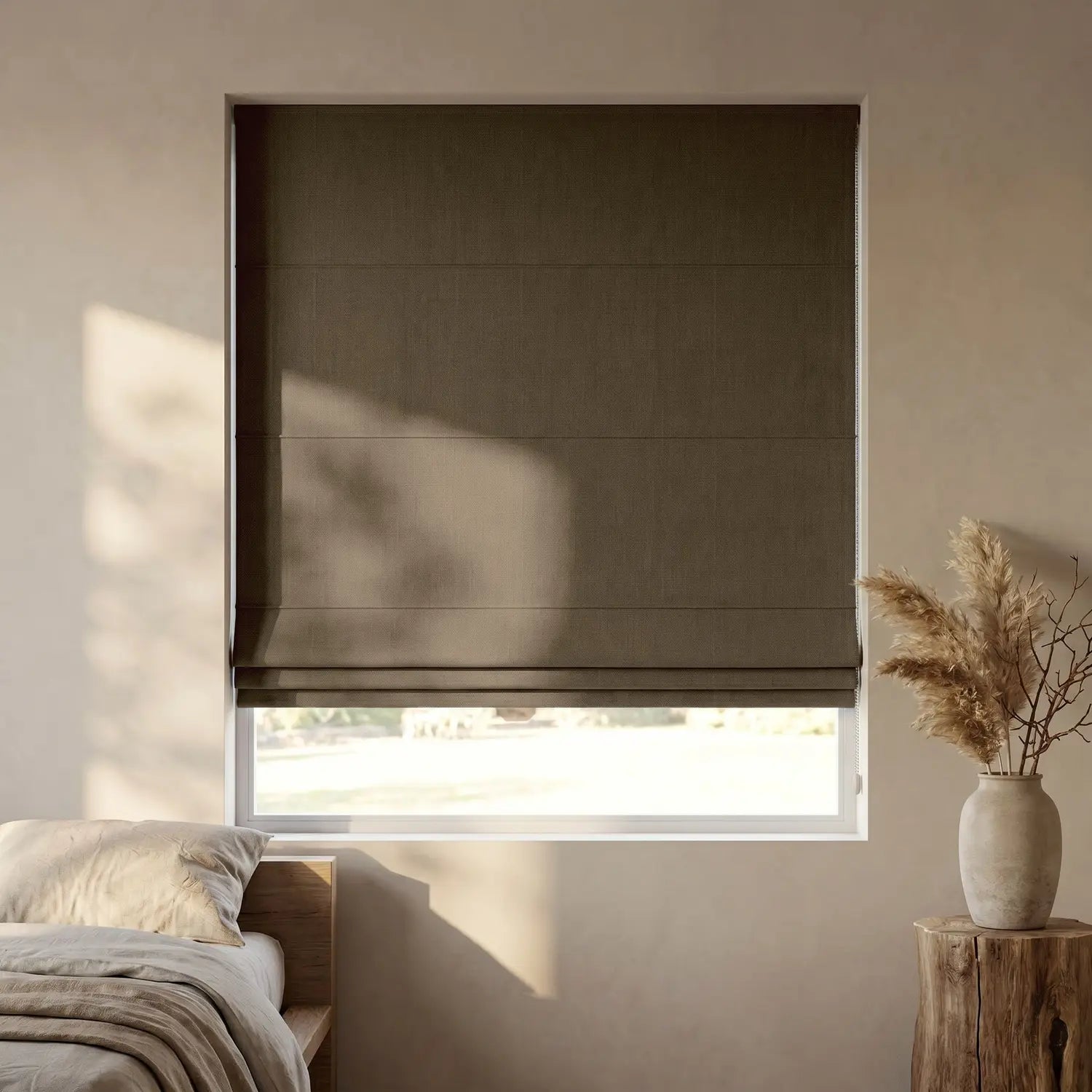 Custom Roman Shade - Mocha Brown in room