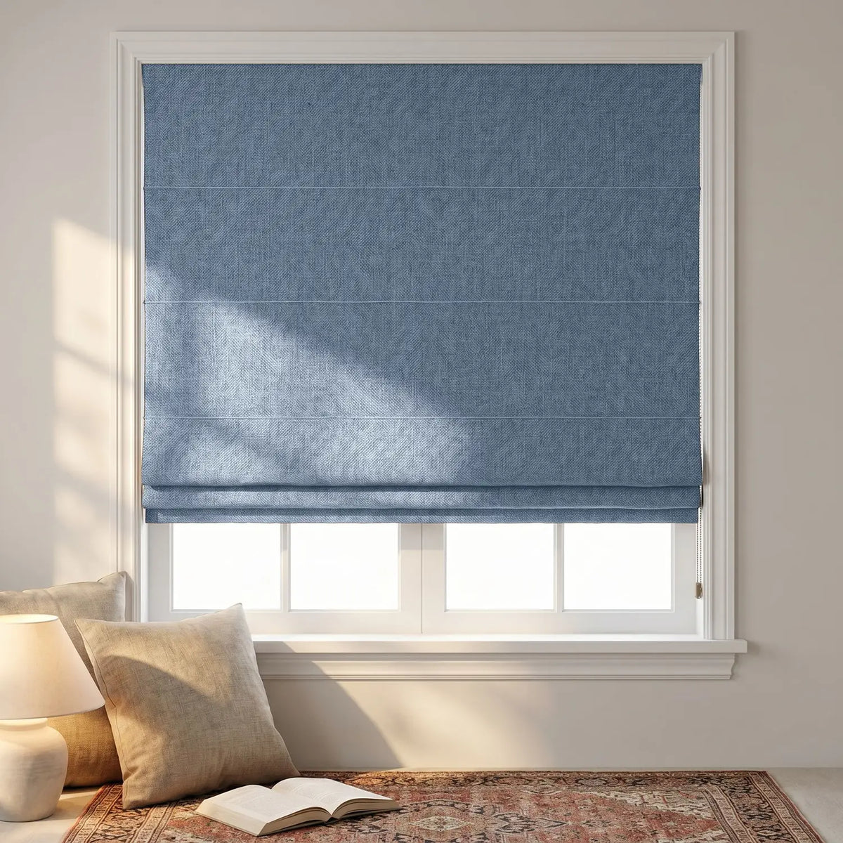 Custom Roman Shade - Powder Blue in room