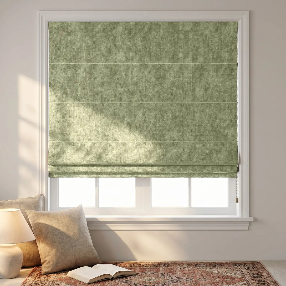 Custom Roman Shade - Pale Sage in room