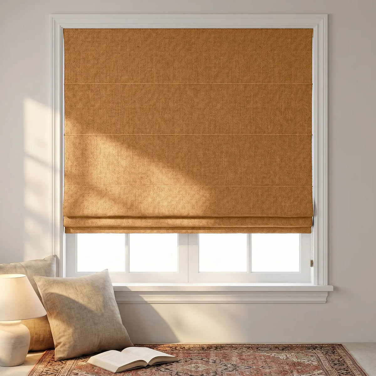 Custom Roman Shade - Peach Clay in room
