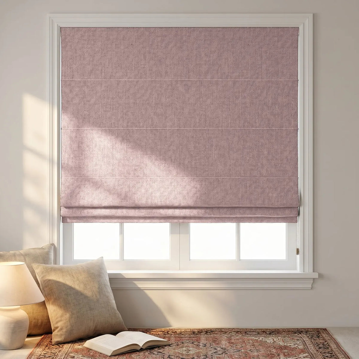 Custom Roman Shade - Blush Red in room