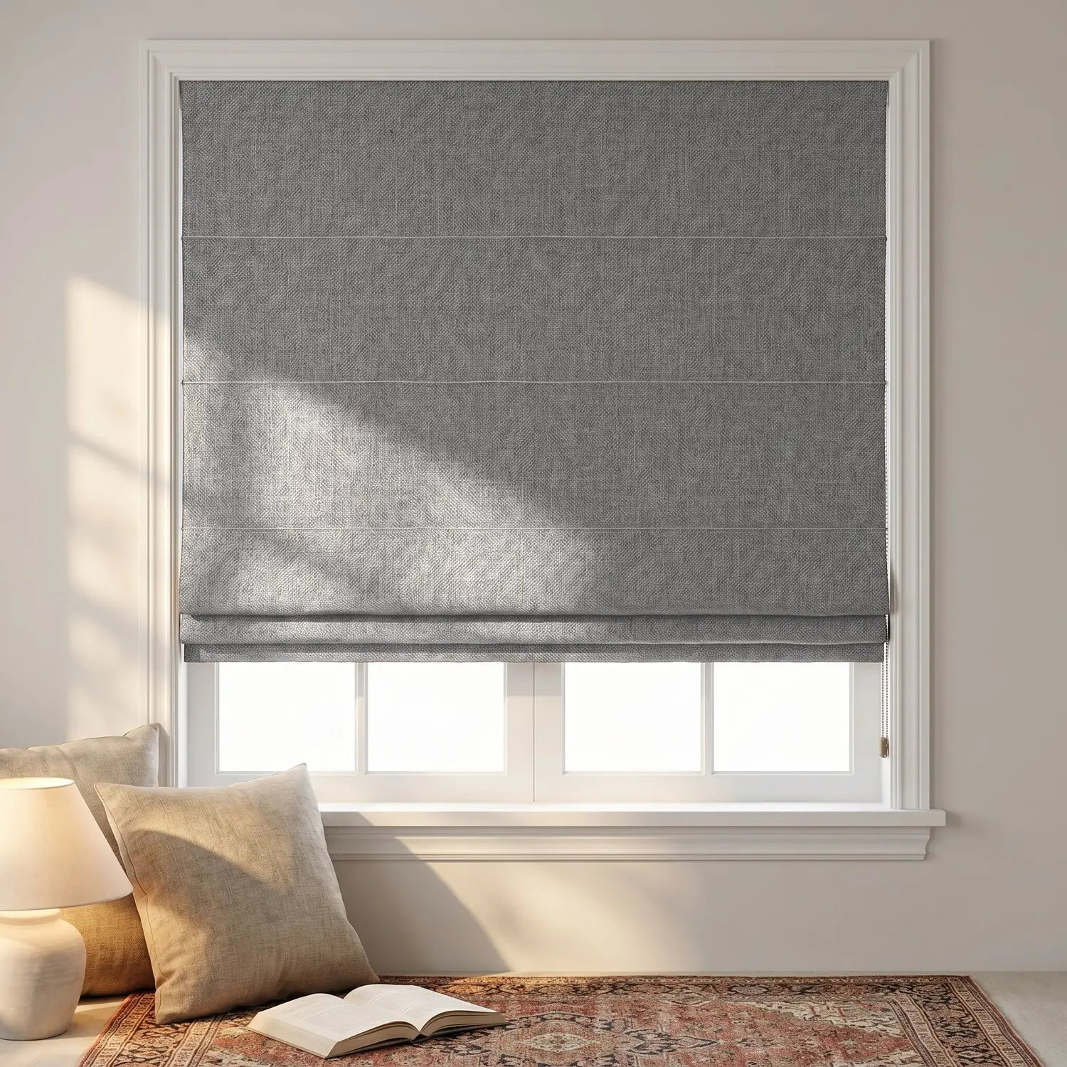 Custom Roman Shade - Mist Grey in room