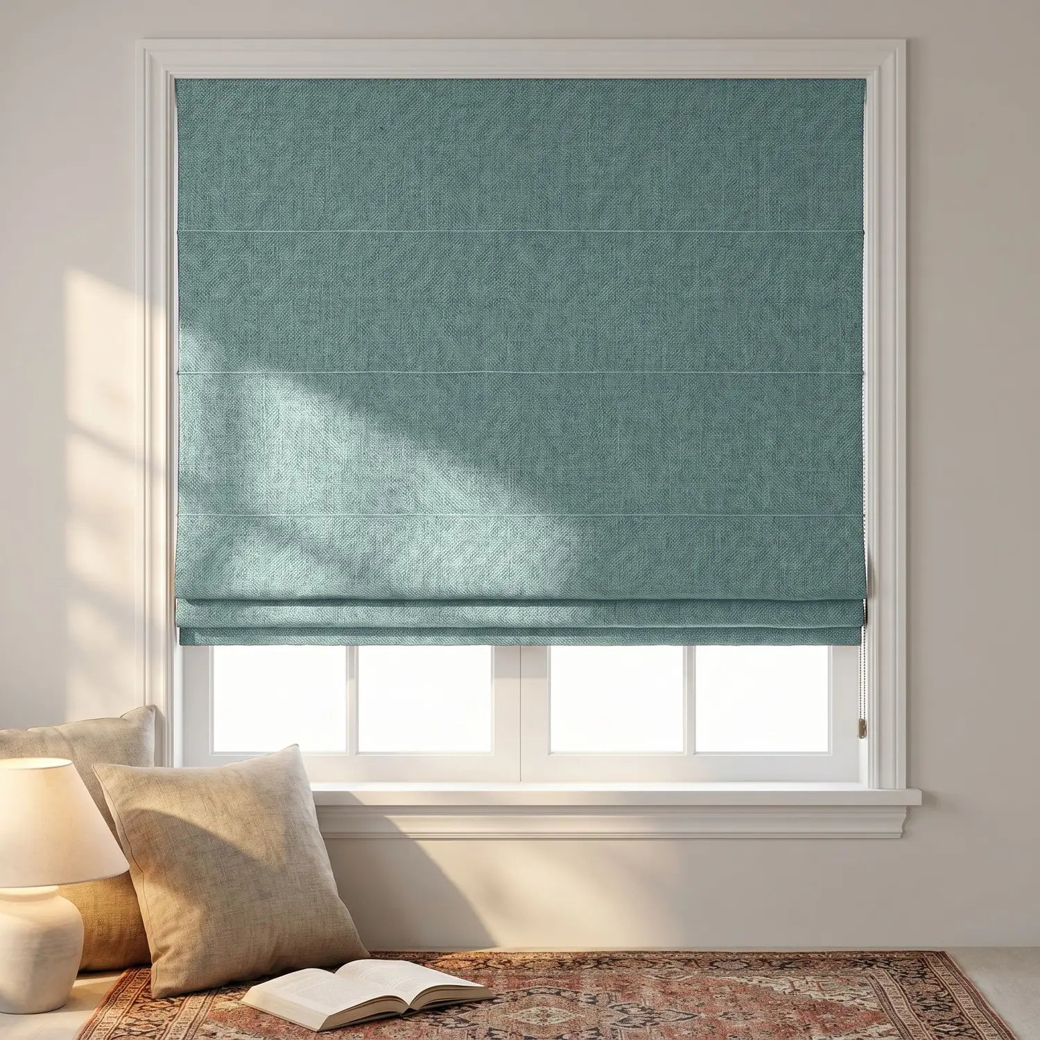 Custom Roman Shade - Sage Teal in room