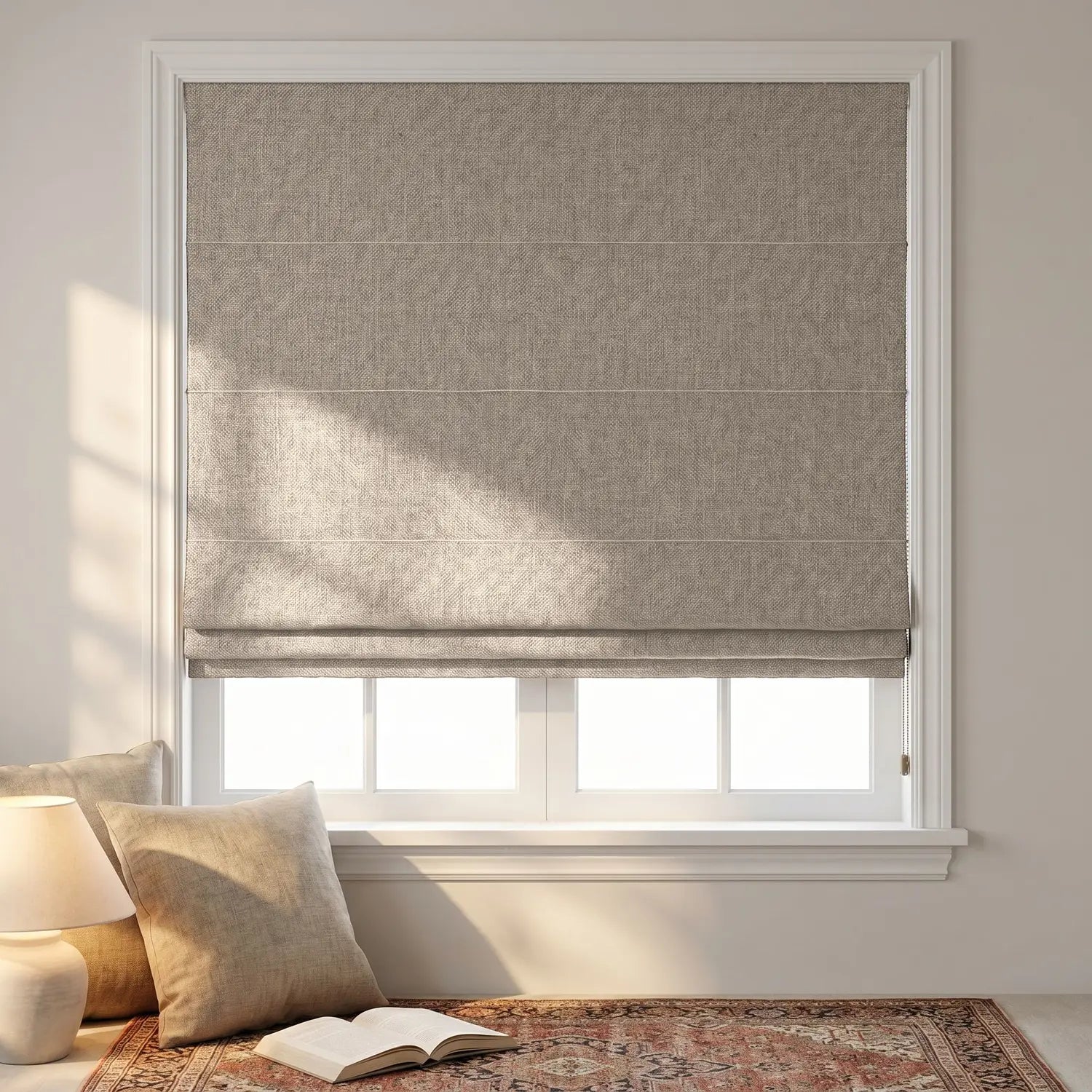 Custom Roman Shade - Oat Beige in room