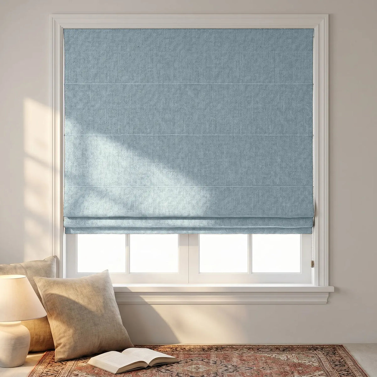 Custom Roman Shade - Aqua Mist in room