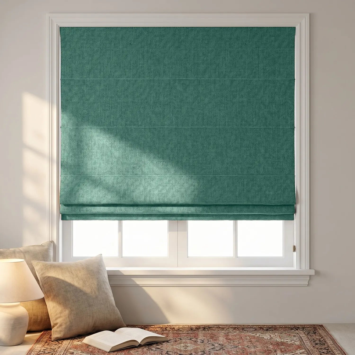 Custom Roman Shade - Sea Teal in room