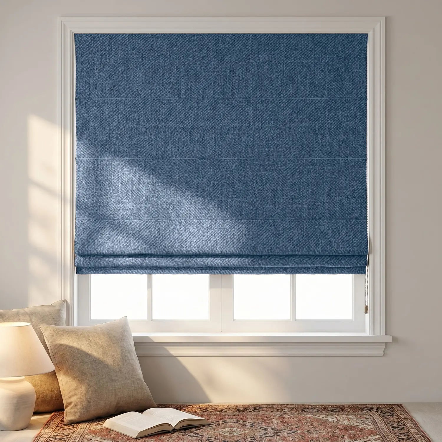 Custom Roman Shade - Sky Blue in room