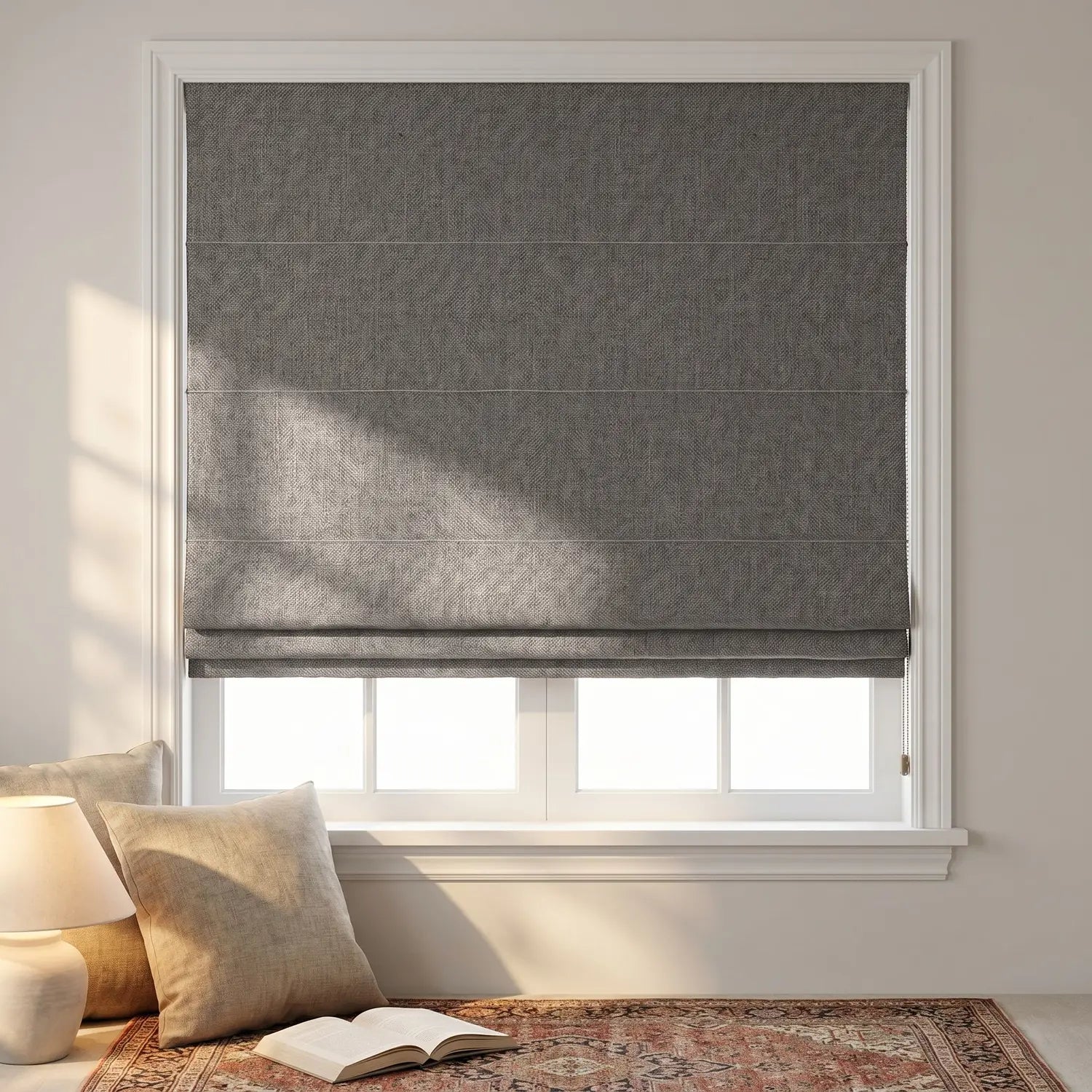 Custom Roman Shade - Warm Taupe in room