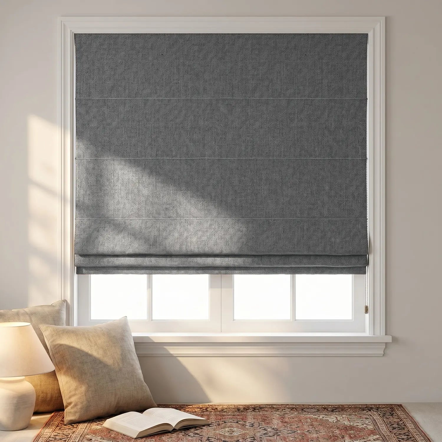 Custom Roman Shade - Ash Grey in room